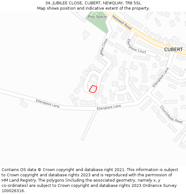 34, JUBILEE CLOSE, CUBERT, NEWQUAY, TR8 5SL: Location map and indicative extent of plot