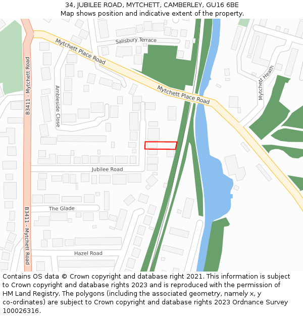 34, JUBILEE ROAD, MYTCHETT, CAMBERLEY, GU16 6BE: Location map and indicative extent of plot