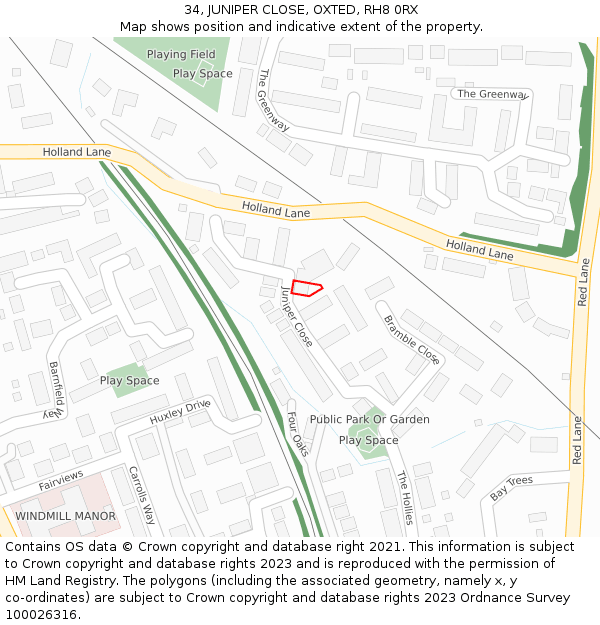 34, JUNIPER CLOSE, OXTED, RH8 0RX: Location map and indicative extent of plot