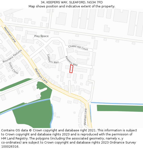 34, KEEPERS WAY, SLEAFORD, NG34 7FD: Location map and indicative extent of plot