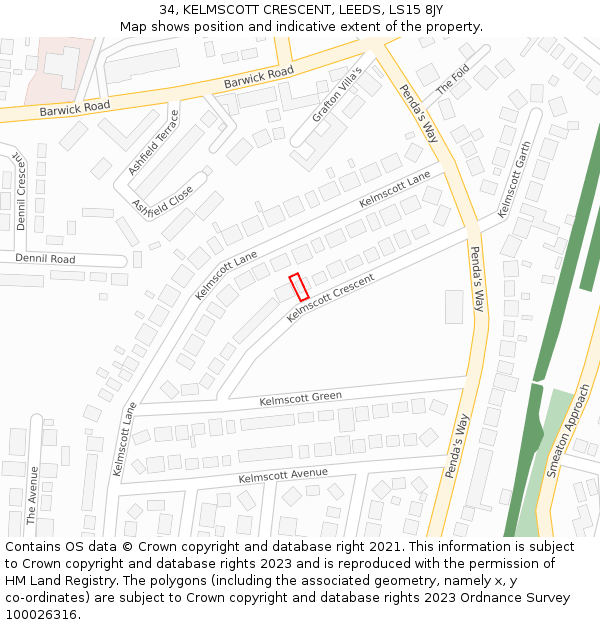 34, KELMSCOTT CRESCENT, LEEDS, LS15 8JY: Location map and indicative extent of plot