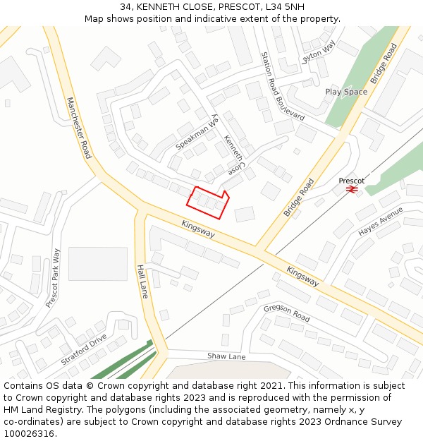 34, KENNETH CLOSE, PRESCOT, L34 5NH: Location map and indicative extent of plot