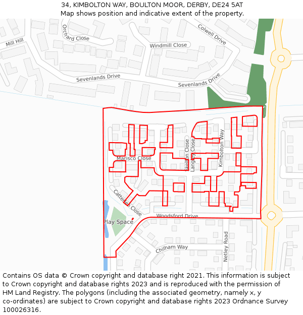 34, KIMBOLTON WAY, BOULTON MOOR, DERBY, DE24 5AT: Location map and indicative extent of plot