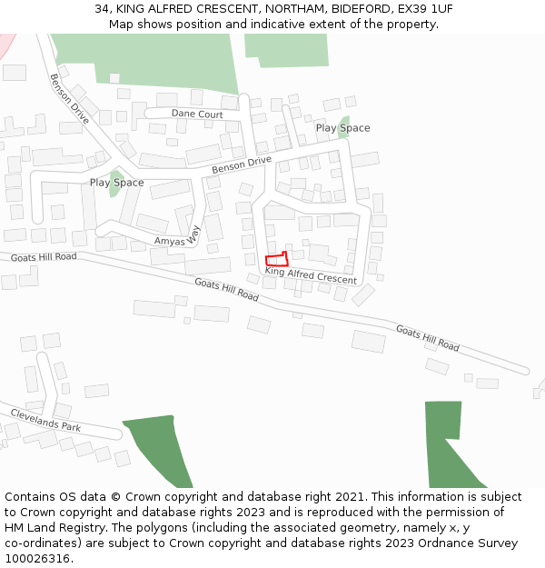 34, KING ALFRED CRESCENT, NORTHAM, BIDEFORD, EX39 1UF: Location map and indicative extent of plot