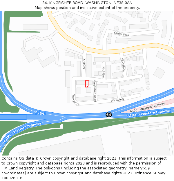 34, KINGFISHER ROAD, WASHINGTON, NE38 0AN: Location map and indicative extent of plot