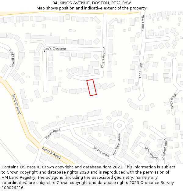 34, KINGS AVENUE, BOSTON, PE21 0AW: Location map and indicative extent of plot