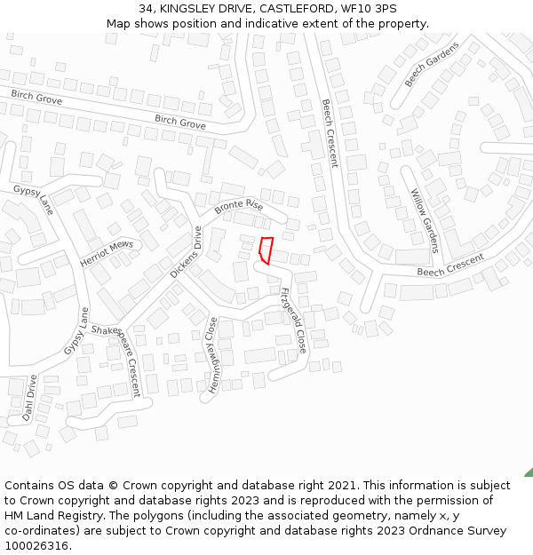 34, KINGSLEY DRIVE, CASTLEFORD, WF10 3PS: Location map and indicative extent of plot