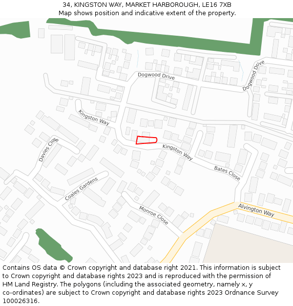 34, KINGSTON WAY, MARKET HARBOROUGH, LE16 7XB: Location map and indicative extent of plot