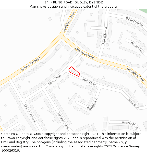 34, KIPLING ROAD, DUDLEY, DY3 3DZ: Location map and indicative extent of plot