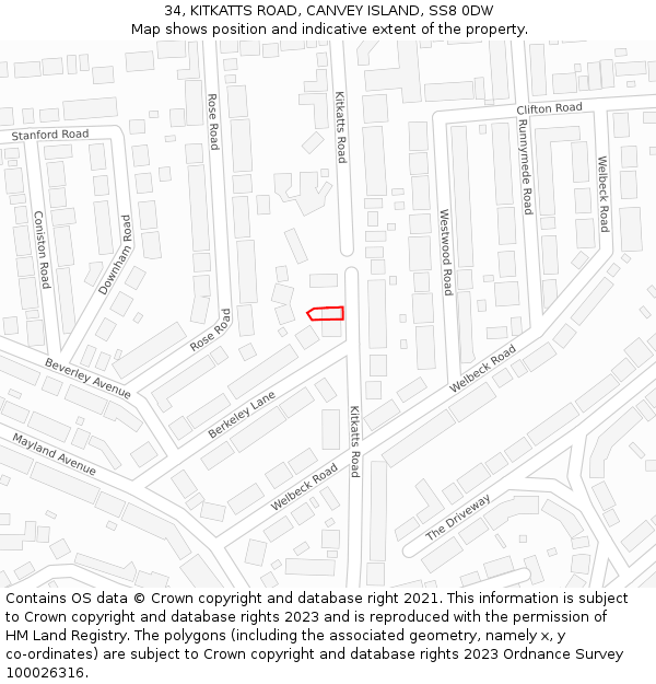 34, KITKATTS ROAD, CANVEY ISLAND, SS8 0DW: Location map and indicative extent of plot
