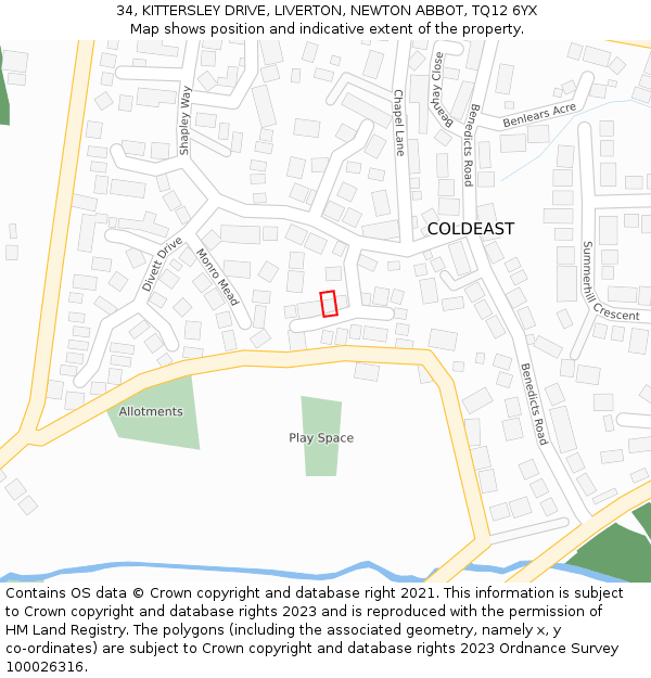 34, KITTERSLEY DRIVE, LIVERTON, NEWTON ABBOT, TQ12 6YX: Location map and indicative extent of plot