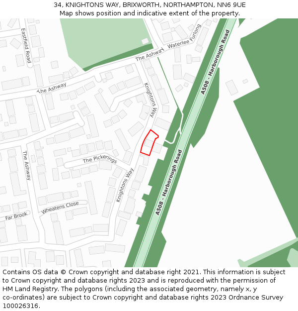 34, KNIGHTONS WAY, BRIXWORTH, NORTHAMPTON, NN6 9UE: Location map and indicative extent of plot