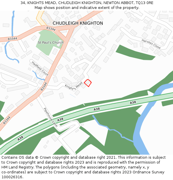 34, KNIGHTS MEAD, CHUDLEIGH KNIGHTON, NEWTON ABBOT, TQ13 0RE: Location map and indicative extent of plot