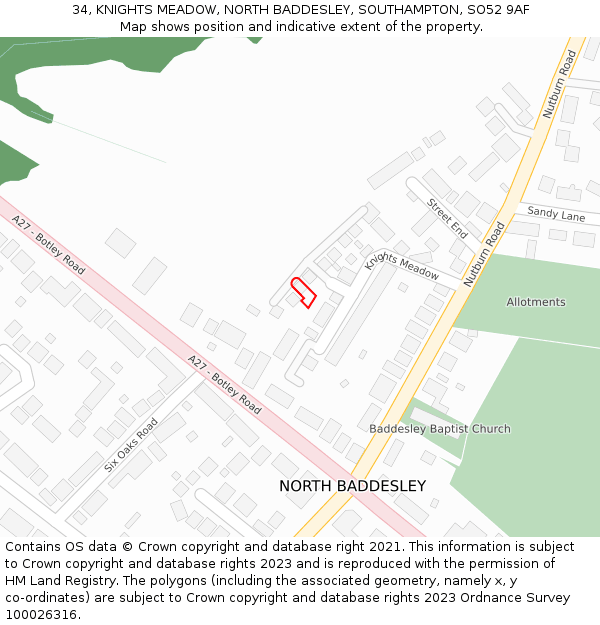 34, KNIGHTS MEADOW, NORTH BADDESLEY, SOUTHAMPTON, SO52 9AF: Location map and indicative extent of plot