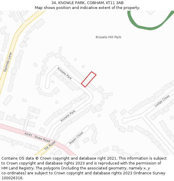 34, KNOWLE PARK, COBHAM, KT11 3AB: Location map and indicative extent of plot