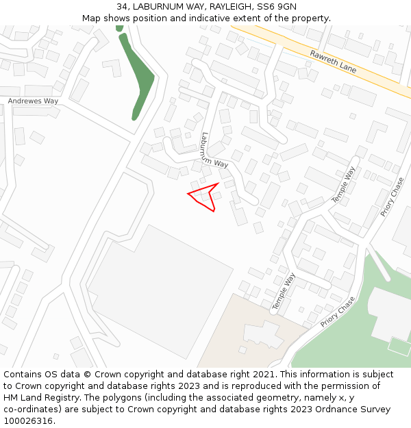 34, LABURNUM WAY, RAYLEIGH, SS6 9GN: Location map and indicative extent of plot