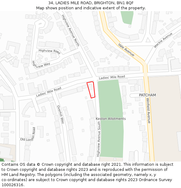 34, LADIES MILE ROAD, BRIGHTON, BN1 8QF: Location map and indicative extent of plot