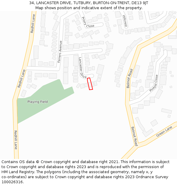 34, LANCASTER DRIVE, TUTBURY, BURTON-ON-TRENT, DE13 9JT: Location map and indicative extent of plot