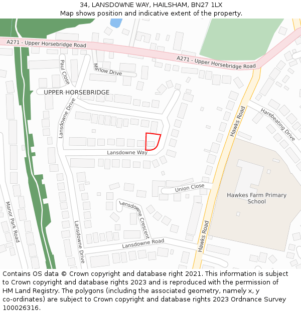 34, LANSDOWNE WAY, HAILSHAM, BN27 1LX: Location map and indicative extent of plot