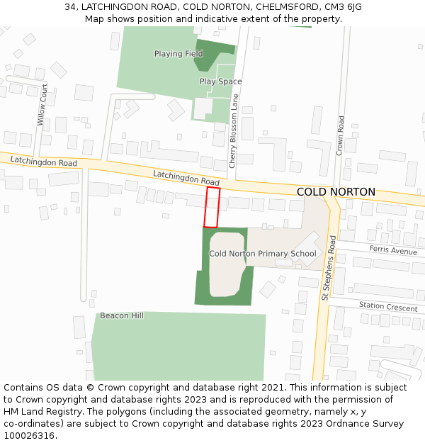 34, LATCHINGDON ROAD, COLD NORTON, CHELMSFORD, CM3 6JG: Location map and indicative extent of plot