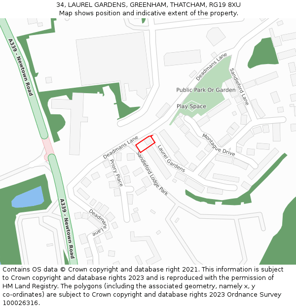 34, LAUREL GARDENS, GREENHAM, THATCHAM, RG19 8XU: Location map and indicative extent of plot