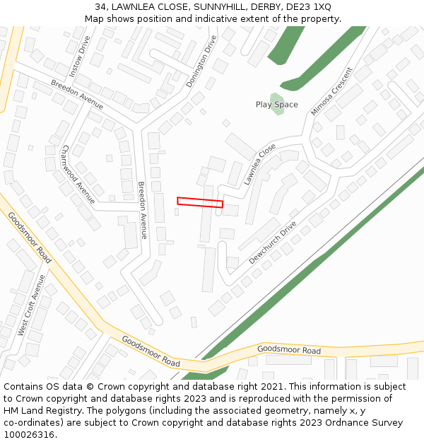 34, LAWNLEA CLOSE, SUNNYHILL, DERBY, DE23 1XQ: Location map and indicative extent of plot