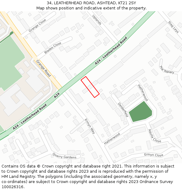 34, LEATHERHEAD ROAD, ASHTEAD, KT21 2SY: Location map and indicative extent of plot