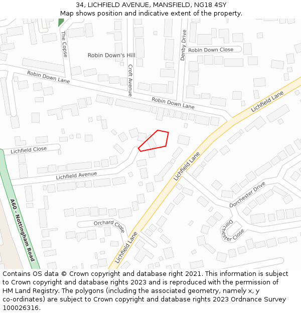 34, LICHFIELD AVENUE, MANSFIELD, NG18 4SY: Location map and indicative extent of plot