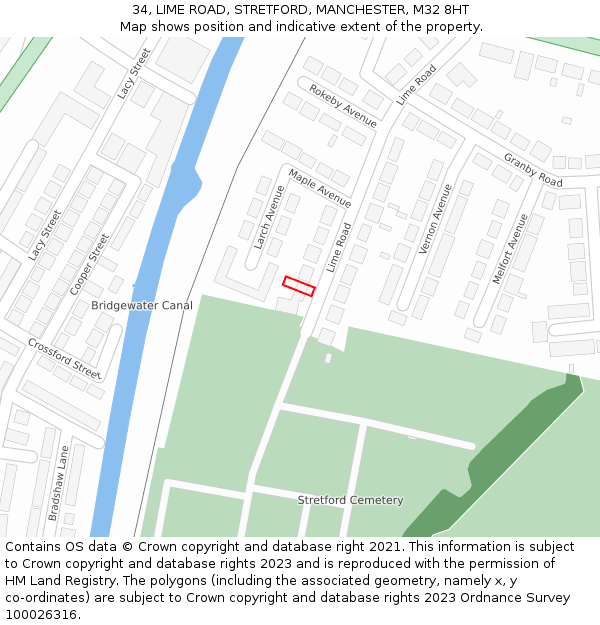 34, LIME ROAD, STRETFORD, MANCHESTER, M32 8HT: Location map and indicative extent of plot