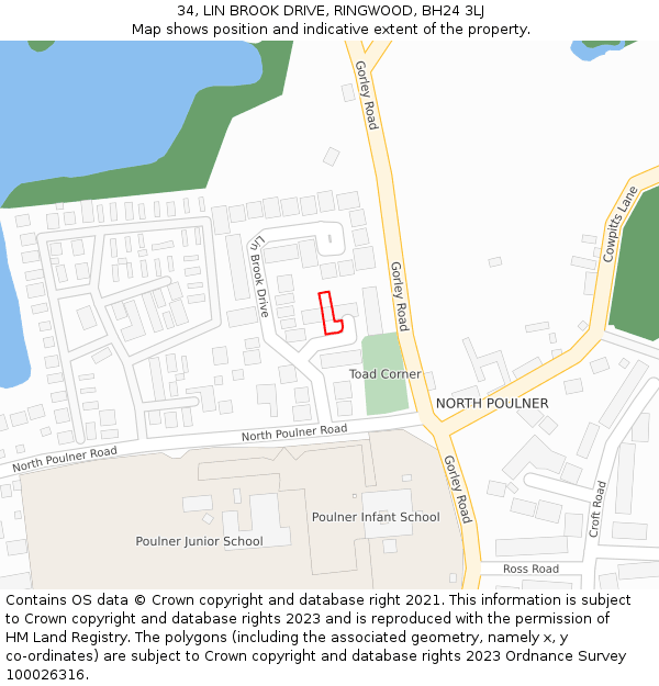 34, LIN BROOK DRIVE, RINGWOOD, BH24 3LJ: Location map and indicative extent of plot