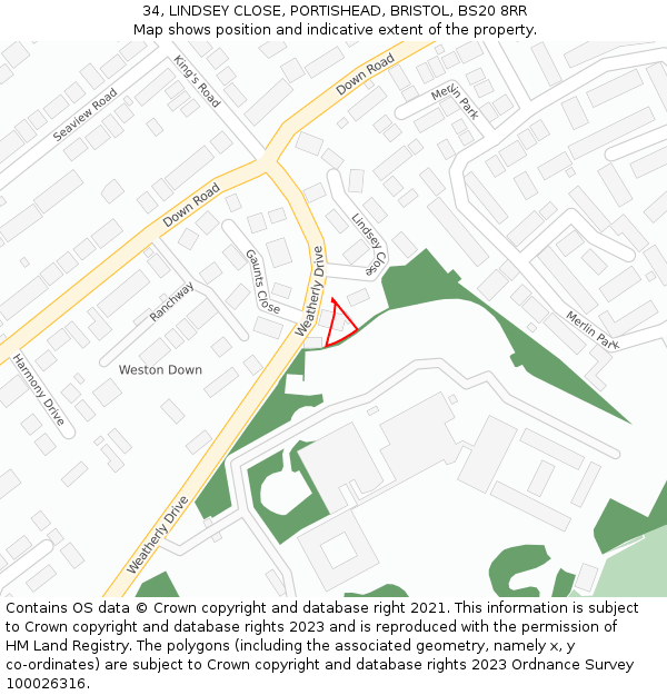 34, LINDSEY CLOSE, PORTISHEAD, BRISTOL, BS20 8RR: Location map and indicative extent of plot