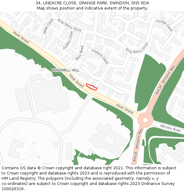 34, LINEACRE CLOSE, GRANGE PARK, SWINDON, SN5 6DA: Location map and indicative extent of plot