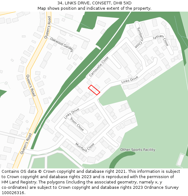 34, LINKS DRIVE, CONSETT, DH8 5XD: Location map and indicative extent of plot