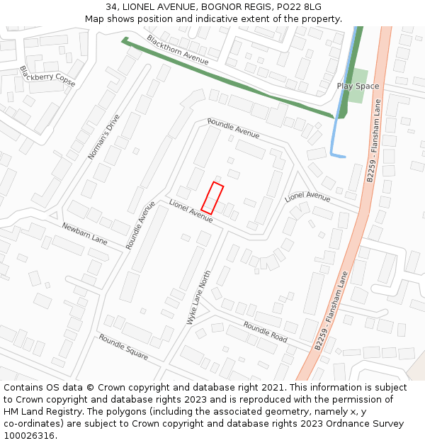 34, LIONEL AVENUE, BOGNOR REGIS, PO22 8LG: Location map and indicative extent of plot