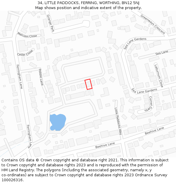 34, LITTLE PADDOCKS, FERRING, WORTHING, BN12 5NJ: Location map and indicative extent of plot