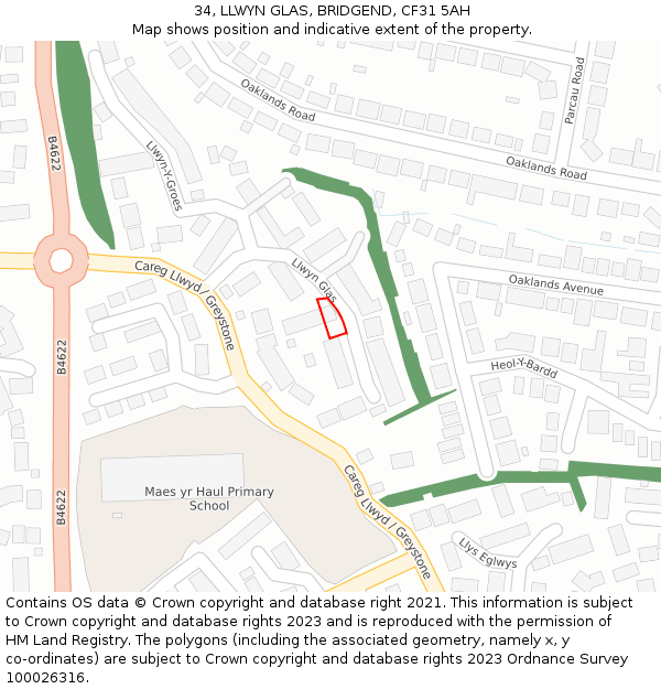 34, LLWYN GLAS, BRIDGEND, CF31 5AH: Location map and indicative extent of plot