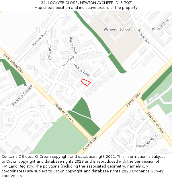 34, LOCKYER CLOSE, NEWTON AYCLIFFE, DL5 7QZ: Location map and indicative extent of plot