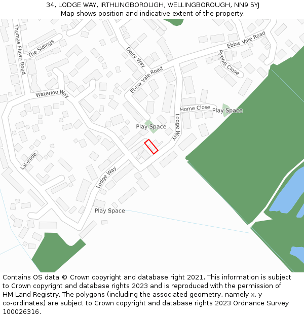 34, LODGE WAY, IRTHLINGBOROUGH, WELLINGBOROUGH, NN9 5YJ: Location map and indicative extent of plot