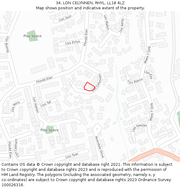 34, LON CELYNNEN, RHYL, LL18 4LZ: Location map and indicative extent of plot