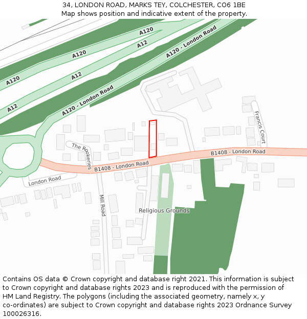 34, LONDON ROAD, MARKS TEY, COLCHESTER, CO6 1BE: Location map and indicative extent of plot