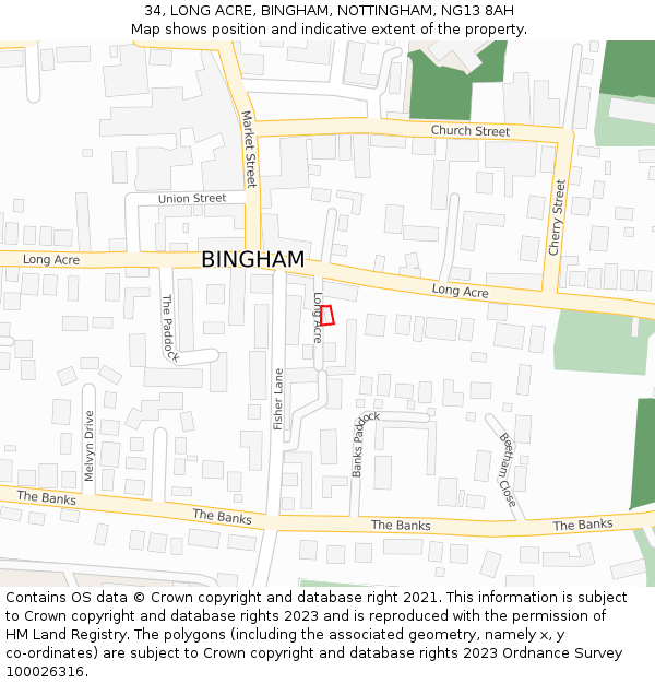 34, LONG ACRE, BINGHAM, NOTTINGHAM, NG13 8AH: Location map and indicative extent of plot