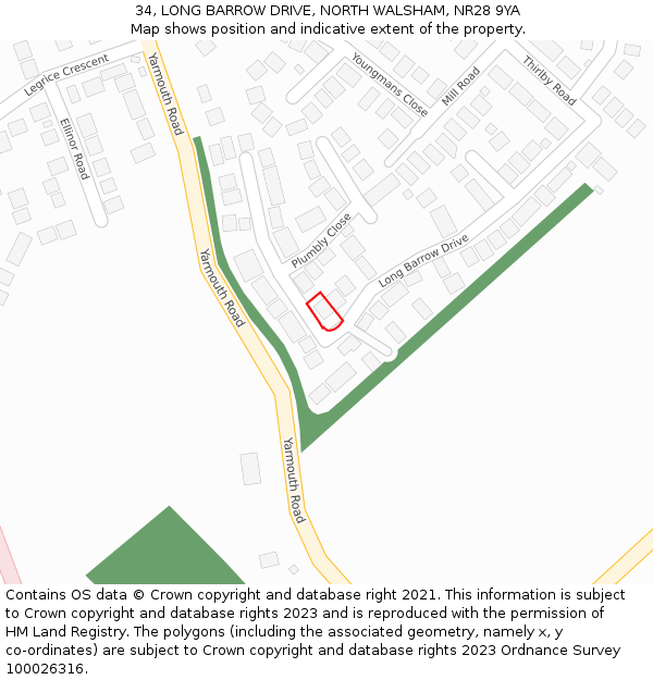 34, LONG BARROW DRIVE, NORTH WALSHAM, NR28 9YA: Location map and indicative extent of plot