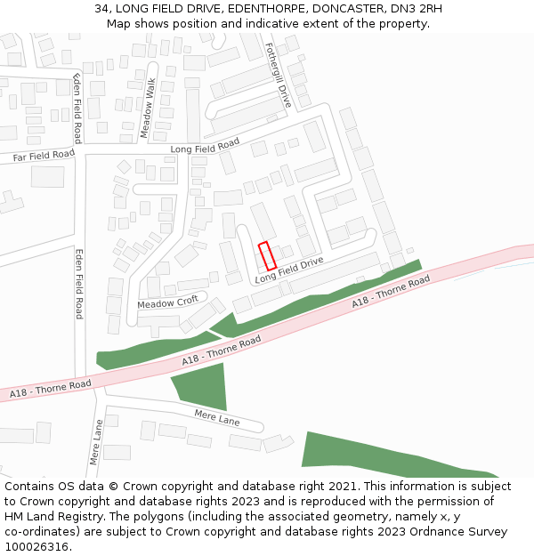 34, LONG FIELD DRIVE, EDENTHORPE, DONCASTER, DN3 2RH: Location map and indicative extent of plot