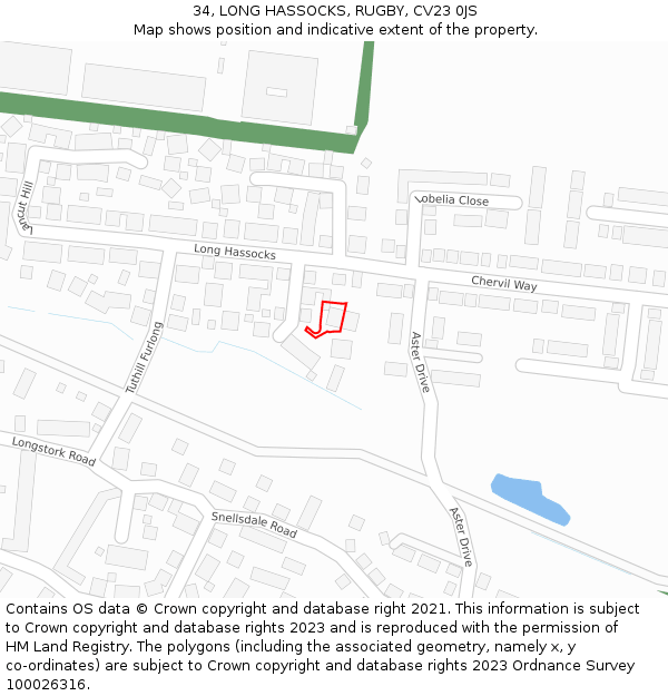 34, LONG HASSOCKS, RUGBY, CV23 0JS: Location map and indicative extent of plot
