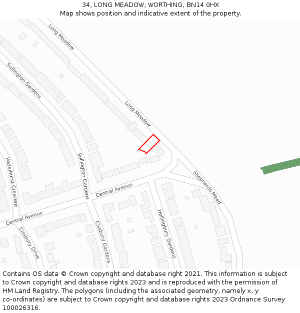 34, LONG MEADOW, WORTHING, BN14 0HX: Location map and indicative extent of plot
