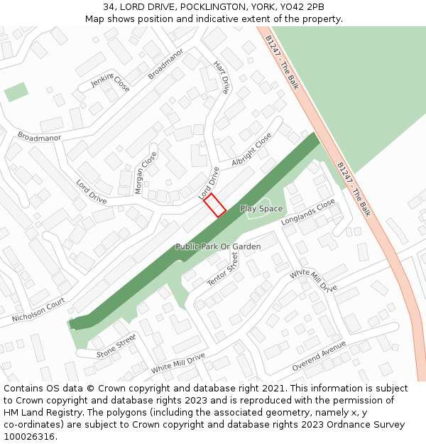 34, LORD DRIVE, POCKLINGTON, YORK, YO42 2PB: Location map and indicative extent of plot