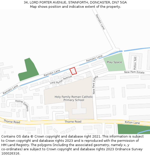 34, LORD PORTER AVENUE, STAINFORTH, DONCASTER, DN7 5GA: Location map and indicative extent of plot