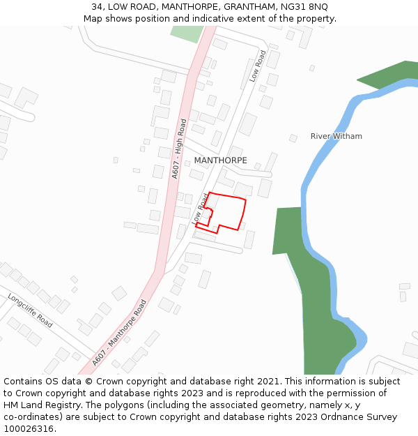 34, LOW ROAD, MANTHORPE, GRANTHAM, NG31 8NQ: Location map and indicative extent of plot