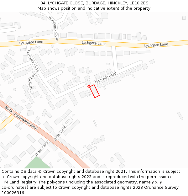 34, LYCHGATE CLOSE, BURBAGE, HINCKLEY, LE10 2ES: Location map and indicative extent of plot