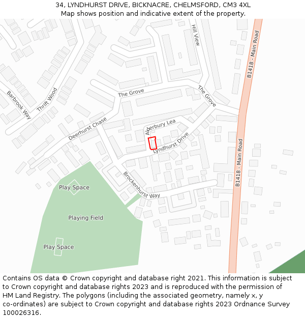 34, LYNDHURST DRIVE, BICKNACRE, CHELMSFORD, CM3 4XL: Location map and indicative extent of plot
